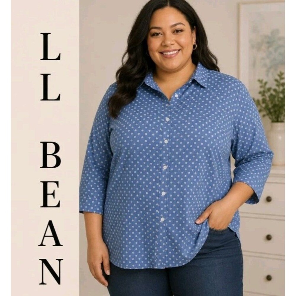 LL BEAN Womens 2X Wrinkle Free Button Up 3/4 Sleeve 100% Cotton Blue Print Top